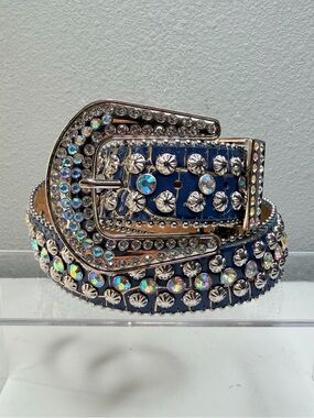Western Blue Rhinestone Belt Crystal Diamond Studded Faux Leather Cowgirl Belt